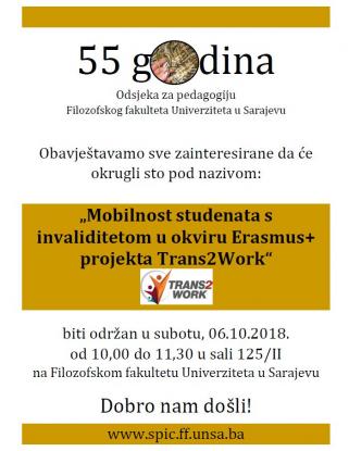 Okrugli sto  „Mobilnost studenata s invaliditetom u okviru Erasmus+ projekta Trans2Work“