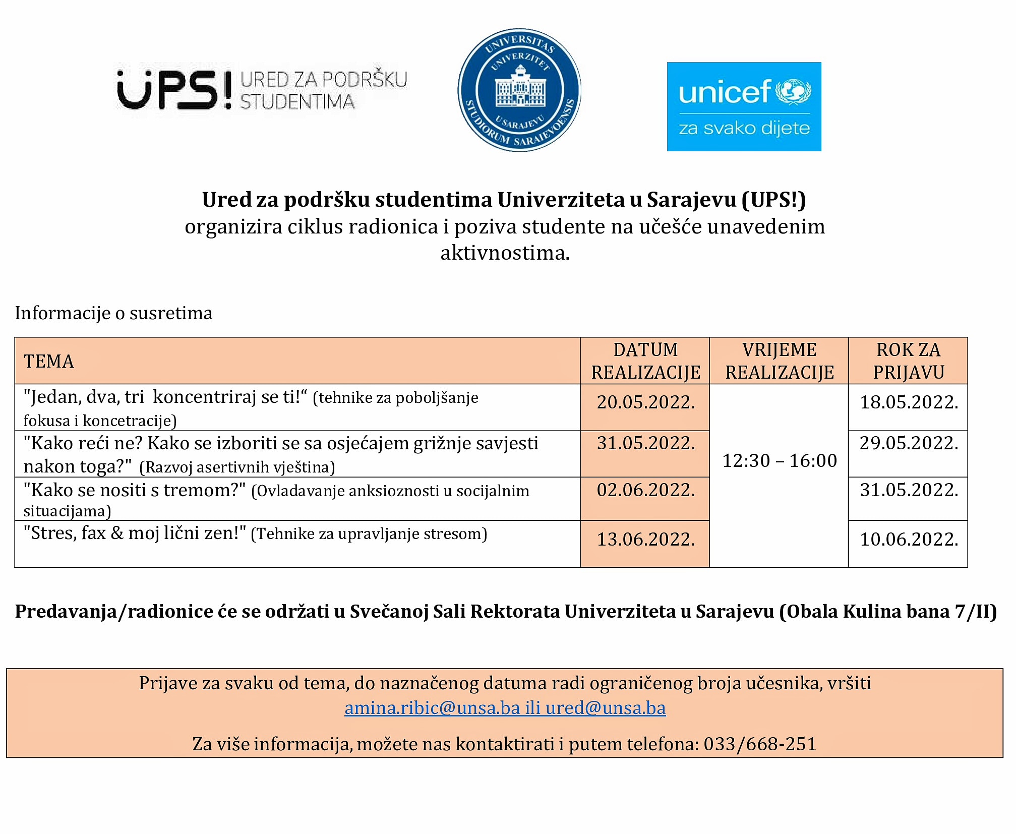 Ured za podršku studentima UNSA organizira ciklus radionica!