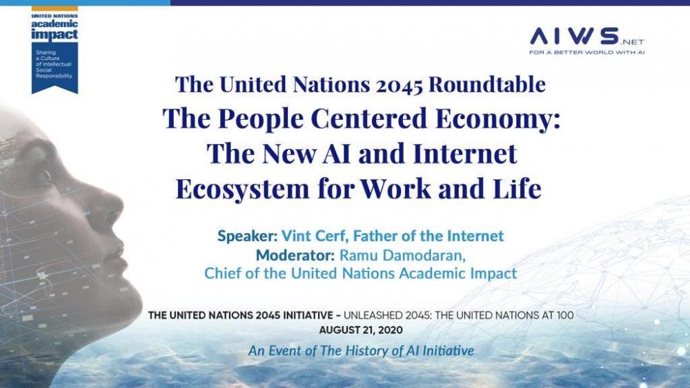 Izlaganje prof. dr. Zlatka Lagumdžije sa „ocem interneta“ Vintom Cerfom na UN-ovoj konferenciji o vještačkoj inteligenciji i novoj ekonomiji usmjerenoj ka ljudima