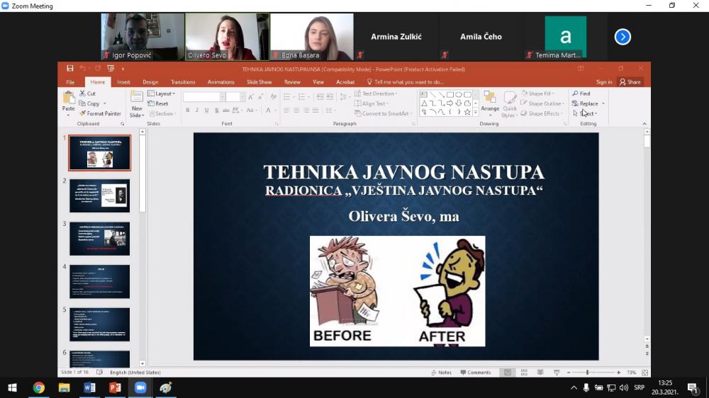 Održana prva sesija radionice „Vještina javnog nastupa“ na Pravnom fakultetu UNSA