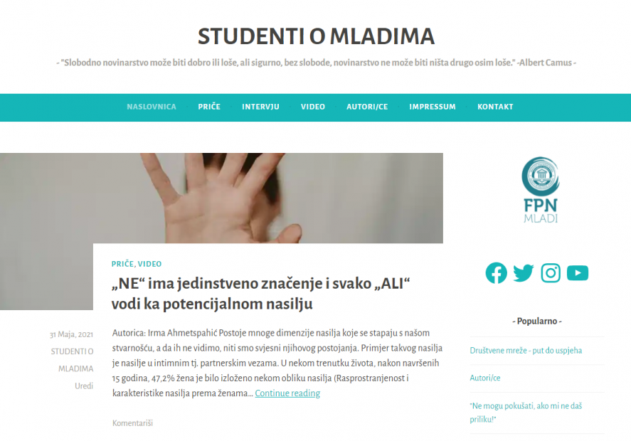 Blog „Studenti o mladima“: Praktičan rad studenata komunikologije Fakulteta političkih nauka UNSA