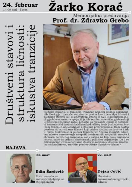 Treće predavanje sa diskusijom iz serije memorijalnih predavanja posvećenih prof. dr. Zdravku Grebi | Prof. dr. Žarko Korać "Društveni stavovi i struktura ličnosti: iskustva tranzicije"