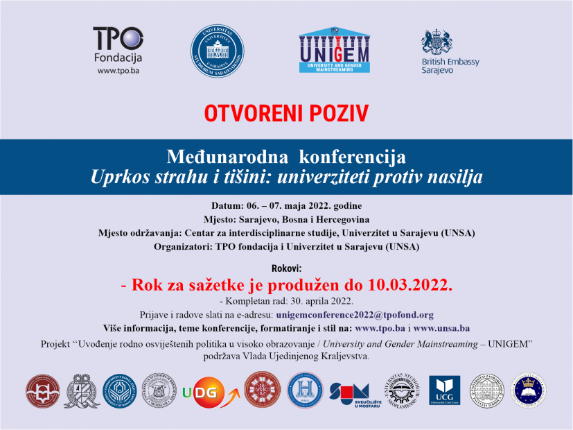 Međunarodna konferencija: "Uprkos strahu i tišini: univerziteti protiv nasilja" | Rok za predaju sažetaka produžen do 10. marta