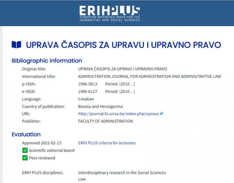 Časopis "Uprava" postao član međunarodne baze Erih Plus