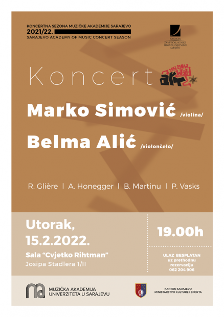 Saradnja Muzičke akademije UNSA i Festivala “Sarajevska zima”: Koncert violiniste Marka Simovića i violončelistice Belme Alić