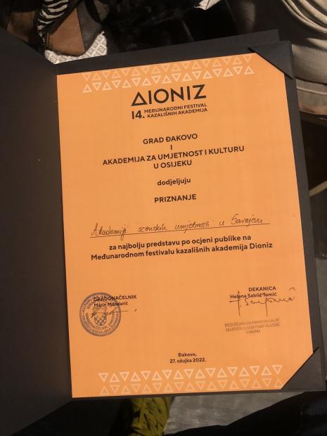 Predstava "Prst" osvojila prvu nagradu na 14. Međunarodnom festivalu kazališnih akademija DIONIZ