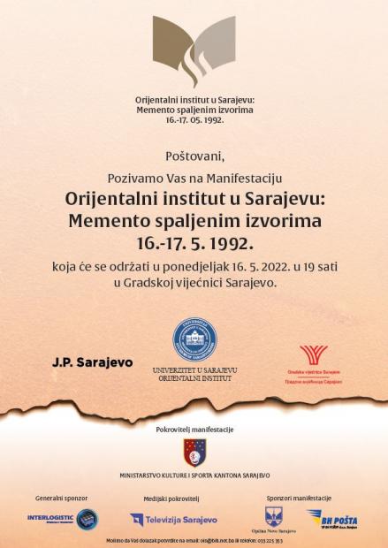 Orijentalni institut Univerziteta u Sarajevu: Memento spaljenim izvorima 16.-17. 05. 1992.
