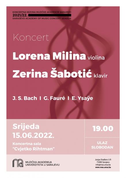 Koncert violinistice Lorene Miline i pijanistice Zerine Šabotić 