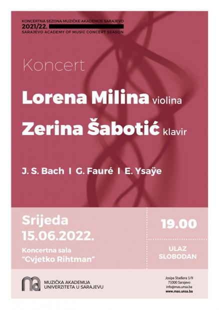 Koncert violinistice Lorene Miline i pijanistice Zerine Šabotić