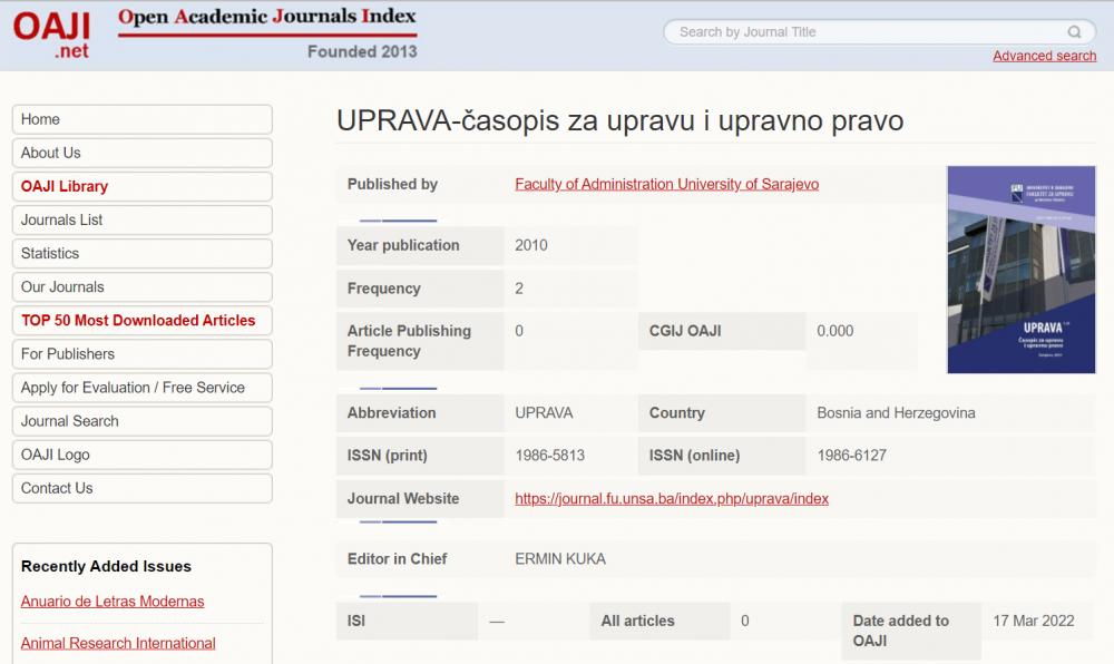Časopis “Uprava” postao član međunarodne baze OAJI