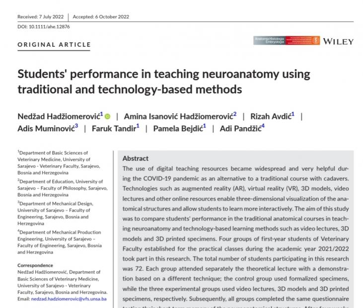 Grupa autora sa Univerziteta u Sarajevu objavila je rad u jednom od najznačajnijih časopisa iz oblasti veterinarske anatomije "Anatomia Histologia Embryologia"
