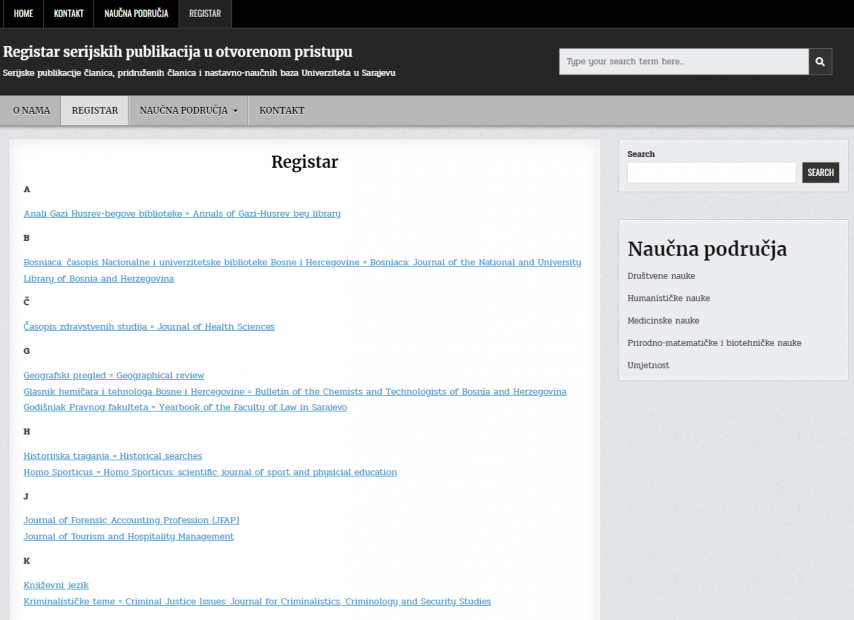 Registar serijskih publikacija u otvorenom pristupu na Univerziteta u Sarajevu