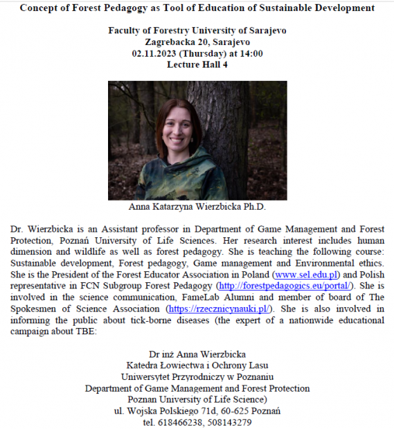 Profesorica Anna Katarzyna Wierzbicka održat će predavanje na Šumarskom fakultetu UNSA | Concept of Forest Pedagogy as Tool of Education of Sustainable Development