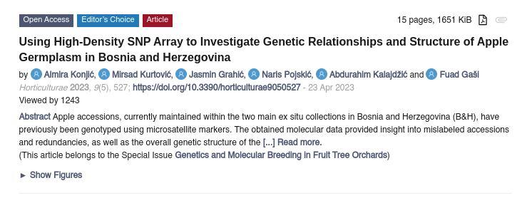 Naučni rad istraživačke grupe FRUITDNA odabran kao „Editor’s Choice Article“ u Horticulturae MDPI časopisu
