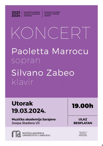 Kada poezija postane muzika: Sopranistica Paoletta Marrocu i pijanista Silvano Zabeo na Muzičkoj akademiji UNSA 