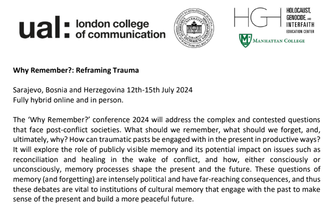 Konferencija „Zašto pamtiti?“ u julu u Sarajevu