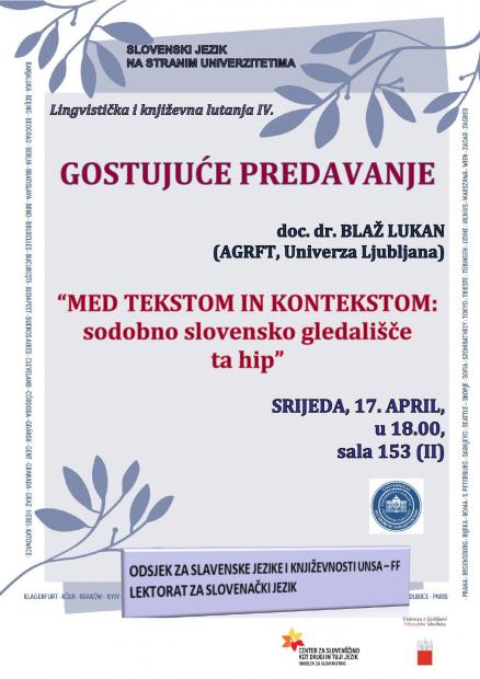 Gostujuće predavanje doc. dr. Blaža Lukana na Odsjeku za slavenske jezike i književnosti Filozofskog fakulteta UNSA