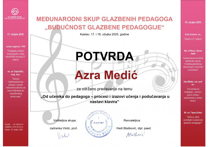 Van. prof. mr. Azra Medić održala je predavanje na međunarodnom skupu glazbenih pedagoga “Budućnost glazbene pedagogije“ koje je održano u online formatu u Kastavu, Hrvatska