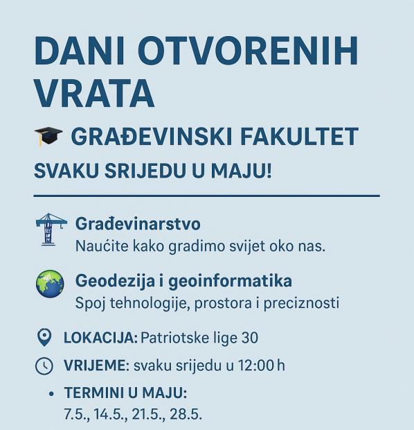 Dani otvorenih vrata – Građevinski fakultet – Svake srijede u maju!