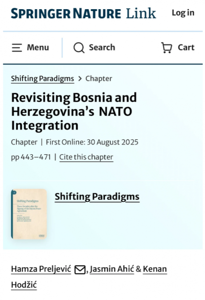 Poglavlje “Revisiting Bosnia and Herzegovina’s NATO Integration” objavljeno u izdanju izdavačke kuće Palgrave Macmillan