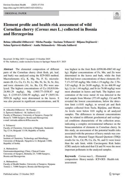 Farmaceutski fakultet UNSA | Naučni rad objavljen u časopisu "Environmental Geochemistry and Health"