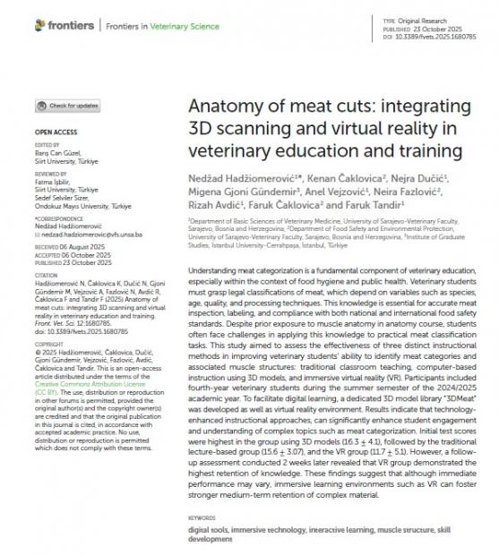 Veterinarski fakultet UNSA | Objavljen naučni članak: “Anatomy of Meat Cuts: Integrating 3D Scanning and Virtual Reality in Veterinary Education and Training”