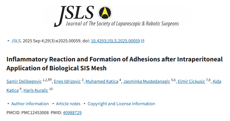 Objavljen naučni članak “Inflammatory Reaction and Formation of Adhesions after Intraperitoneal Application of Biological SIS Mesh” u prestižnom međunarodnom časopisu JSLS