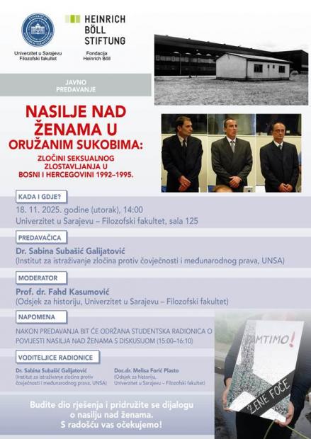 NAJAVA | Javno predavanje „Nasilje nad ženama u oružanim sukobima: Zločini seksualnog zlostavljanja u Bosni i Hercegovini 1992‒1995.“  i studentska radionica o povijesti nasilja nad ženama