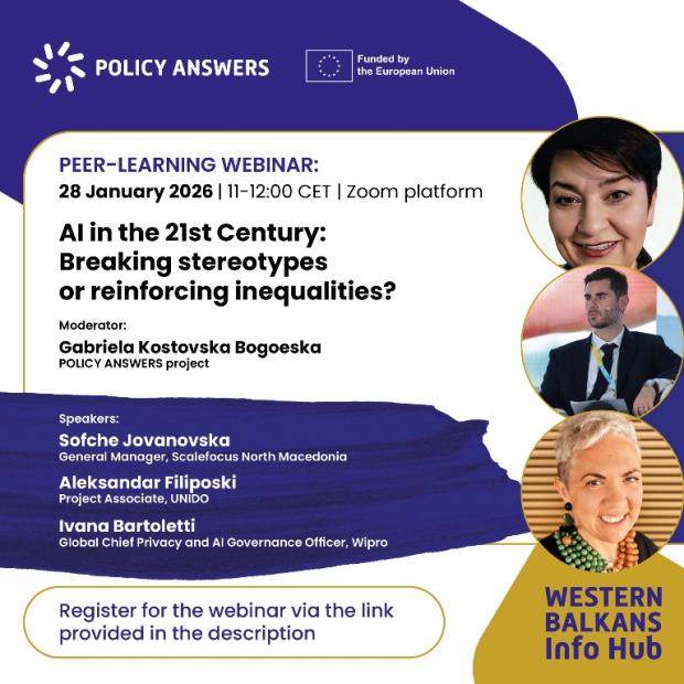POLICY ANSWERS Webinar: „AI u 21. stoljeću: Razbijanje stereotipa ili jačanje nejednakosti?“
