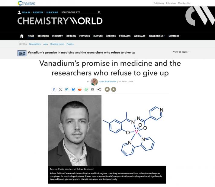 Veliko priznanje za istraživanja na Odsjeku za hemiju Prirodno-matematičkog fakulteta Univerziteta u Sarajevu – Vanadij u medicini u fokusu svjetske nauke