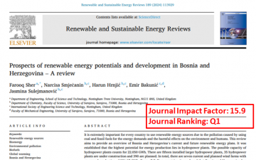Review/publikacija "Perspektive potencijala i razvoja obnovljivih izvora energije u Bosni i Hercegovini - Pregled" objavljen u prestižnom naučnom časopisu "Renewable and Sustainable Energy Reviews"