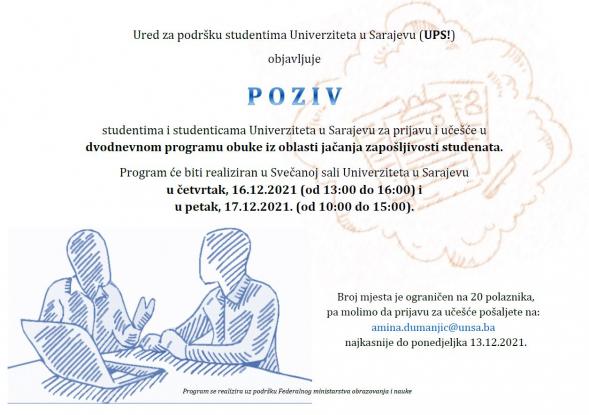 Poziv studentima i studenticama UNSA za prijavu i učešće u dvodnevnom programu obuke iz oblasti jačanja zapošljivosti studenata